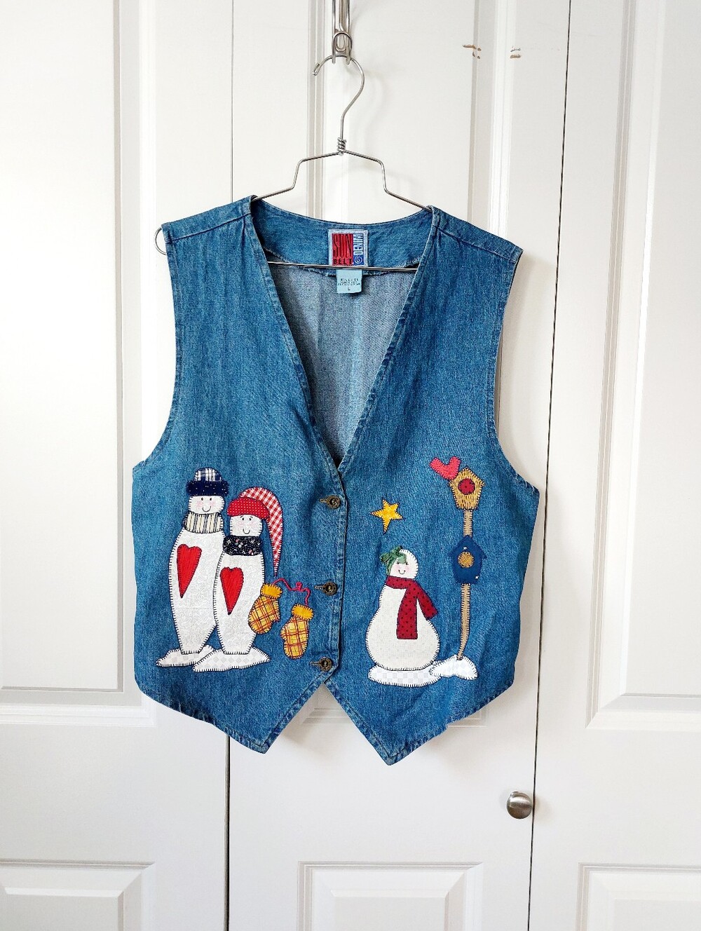 90s Snowman Vest Large Sunbelt Denim Cottagecore Grannycore Vintage Teacher Gran